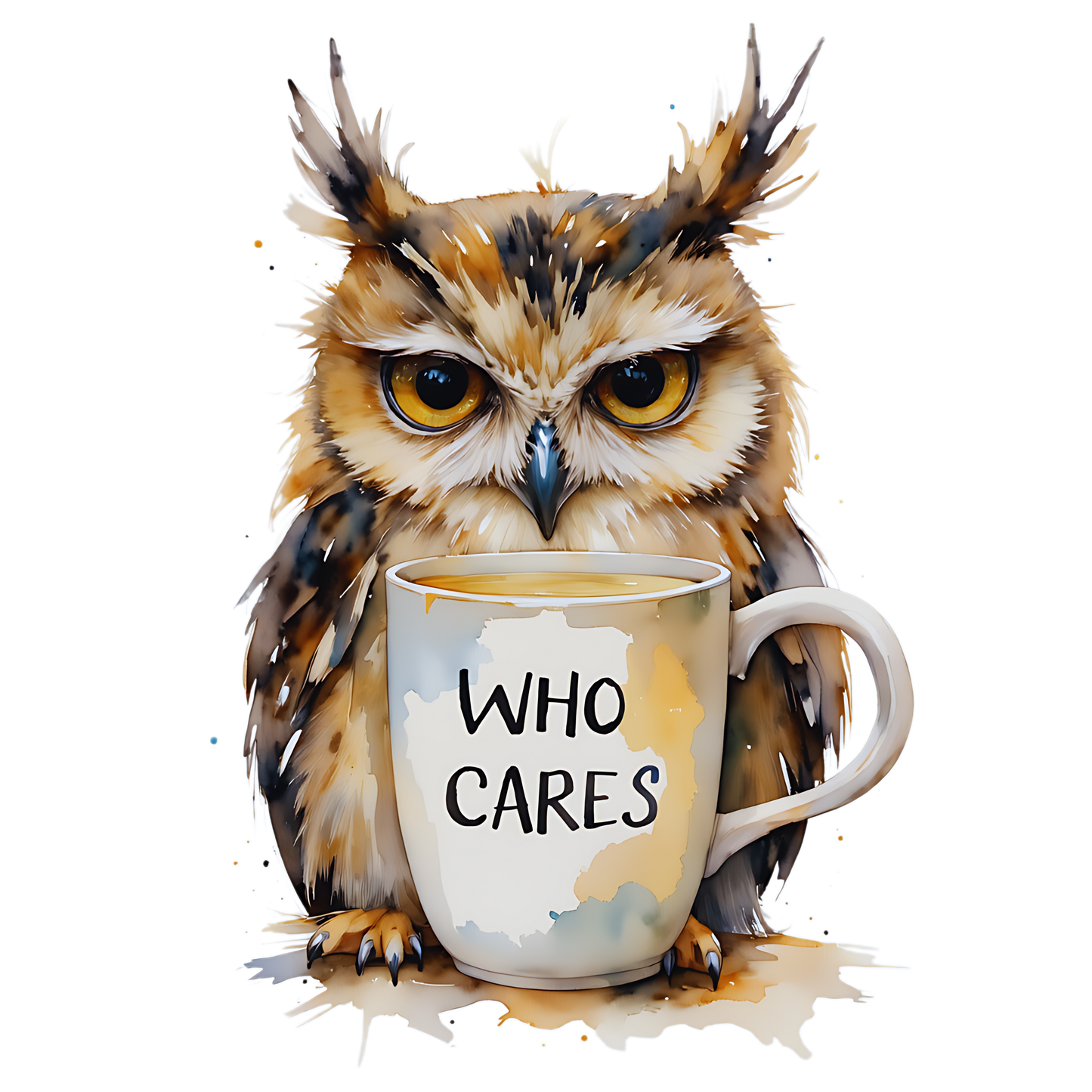 Grumpy Owl with 'Who Cares' Latte Mug | Whimsical Coffee Cup