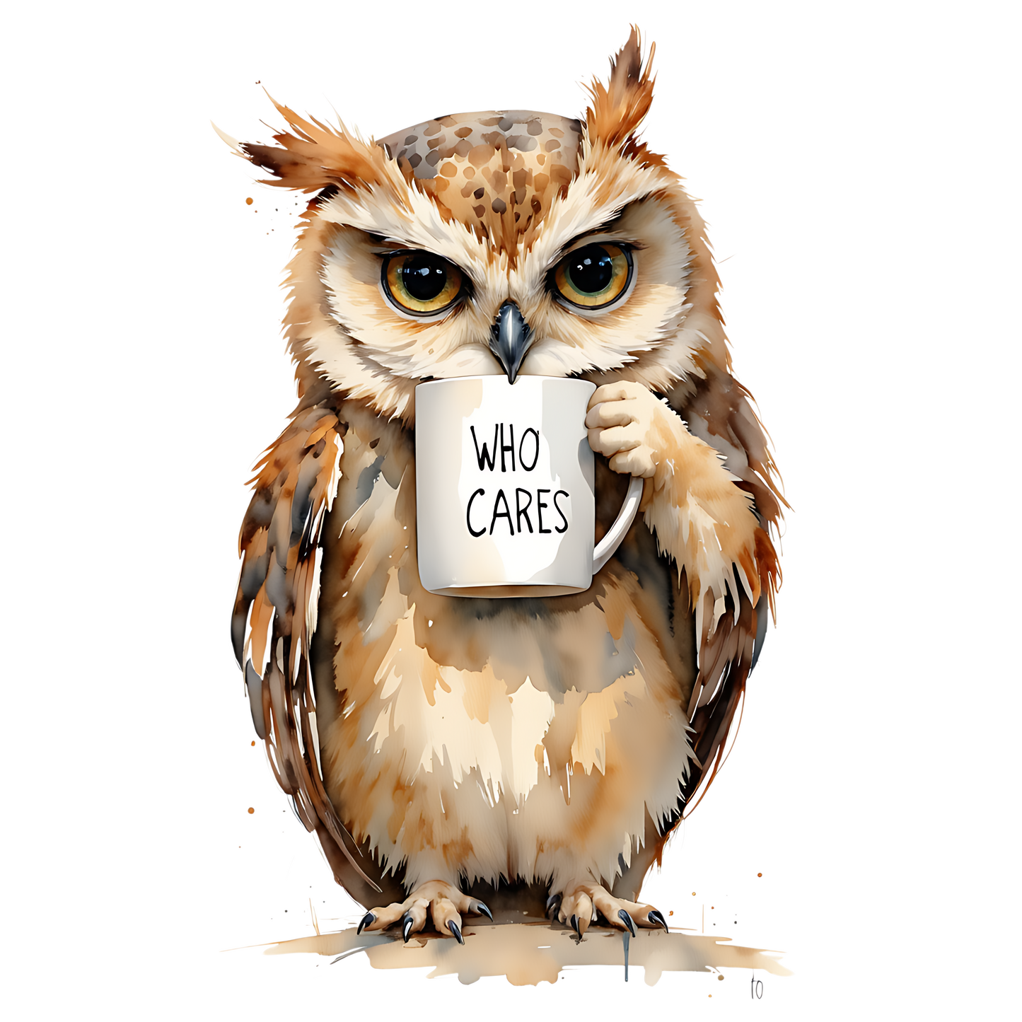 Latte Mug — Grumpy Owl Holding “Who Cares” Coffee Cup