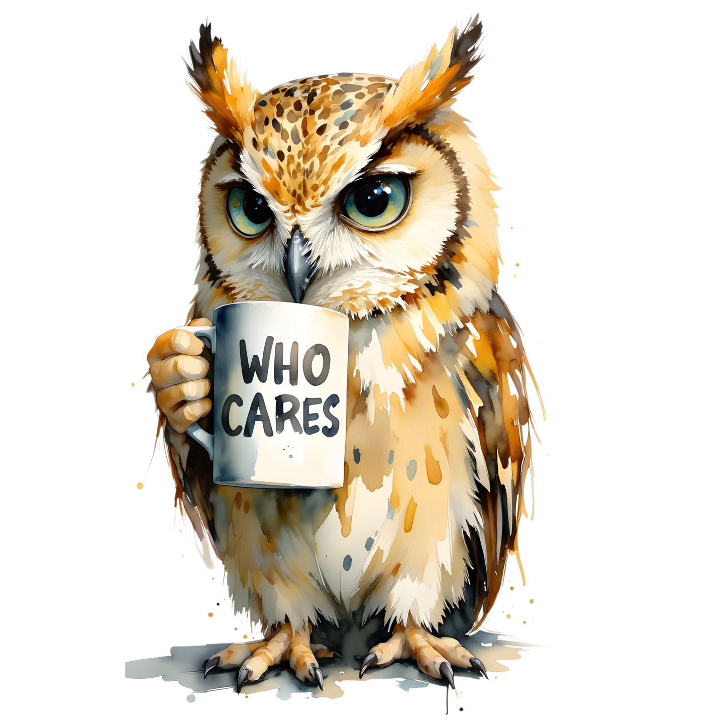 Latte Mug — Cute Grumpy Owl Holding “Who Cares” Coffee Cup