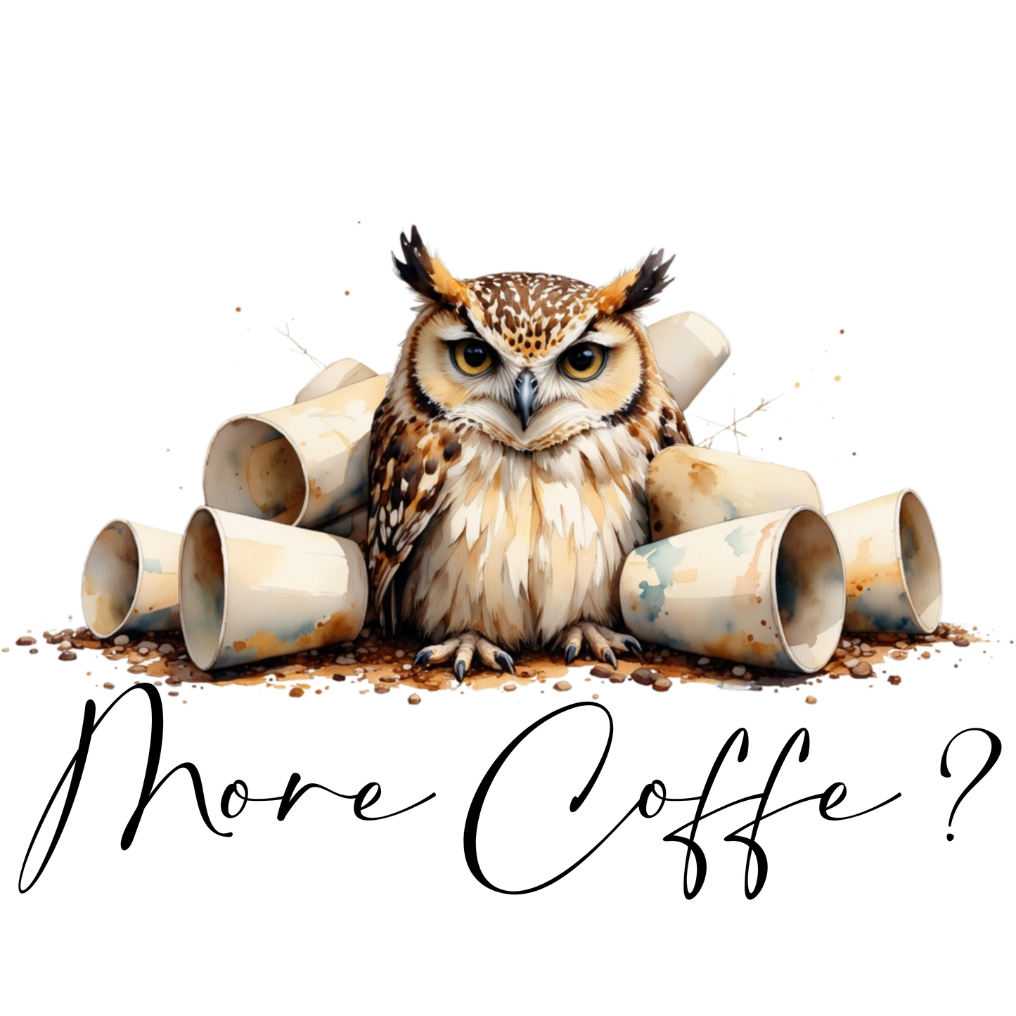 Latte Mug — 'More Coffee' Owl Illustration Ceramic Latte Cup