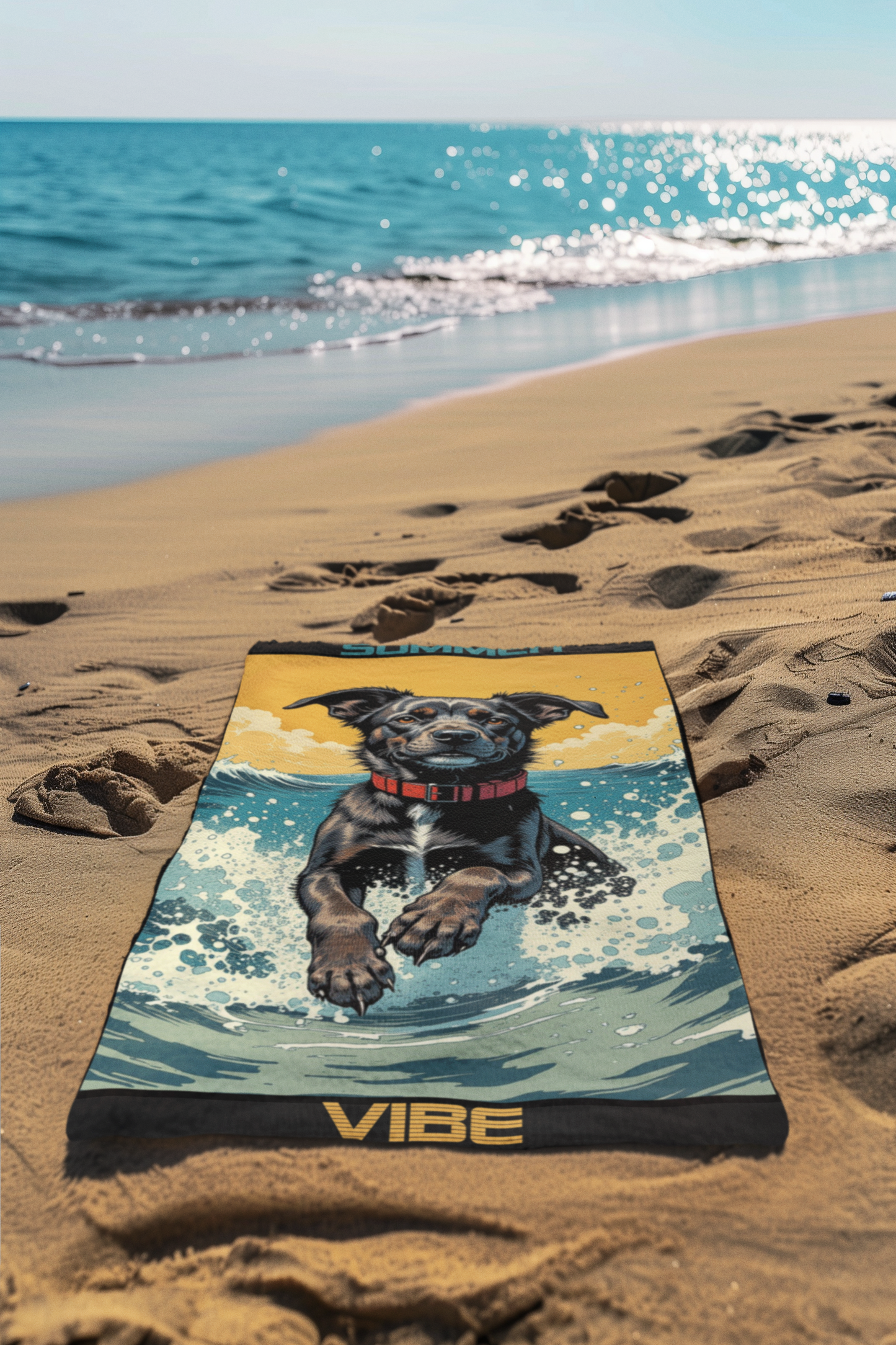 Beach Towel — 'Summer Vibe' Surfing Dog Graphic Towel