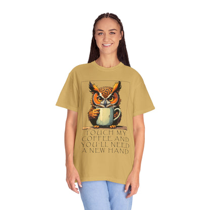 Coffee Owl T‑Shirt - "Touch My Coffee and You'll Need a New Hand" Graphic Tee
