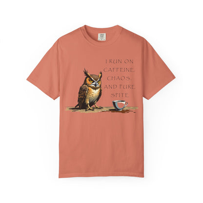 Owl & Coffee T‑Shirt — "I Run On Caffeine, Chaos, And Pure Spite" Graphic Tee