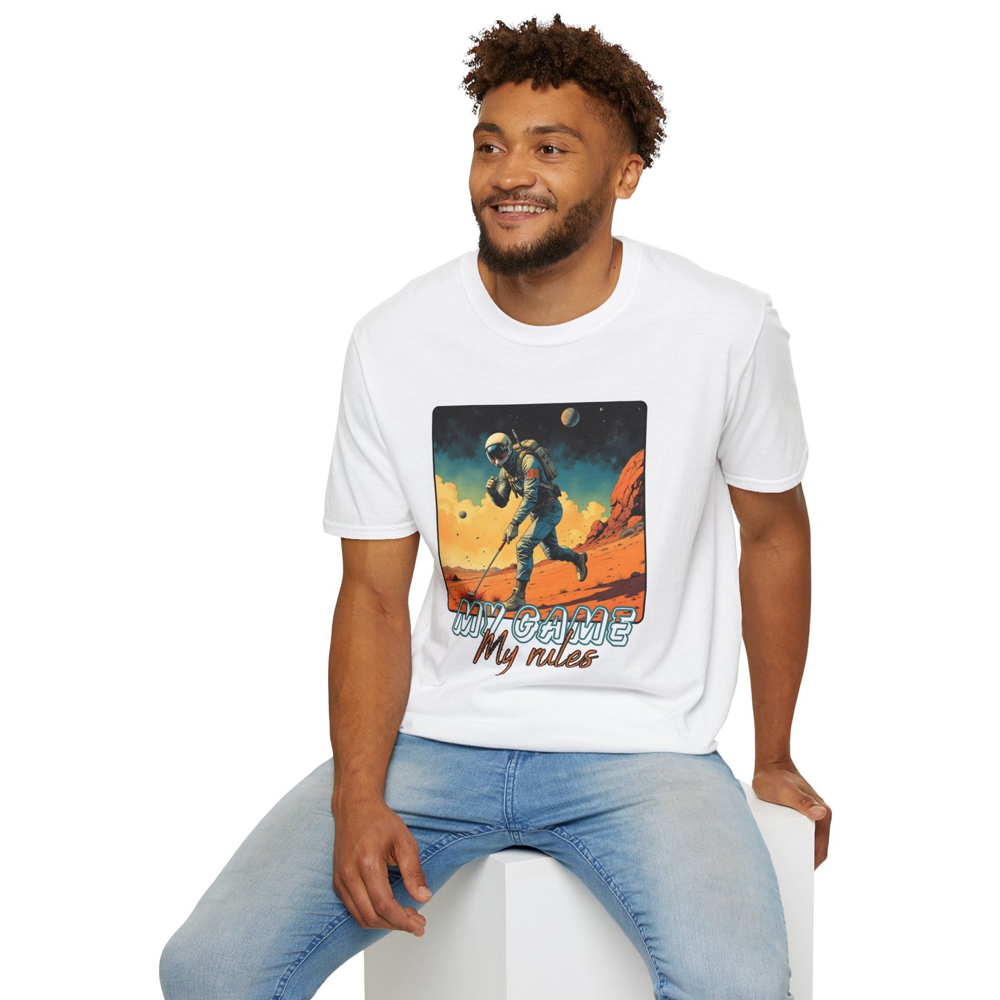 Vintage Space Explorer T-Shirt - 'My Game My Rules' golf, moon,sport