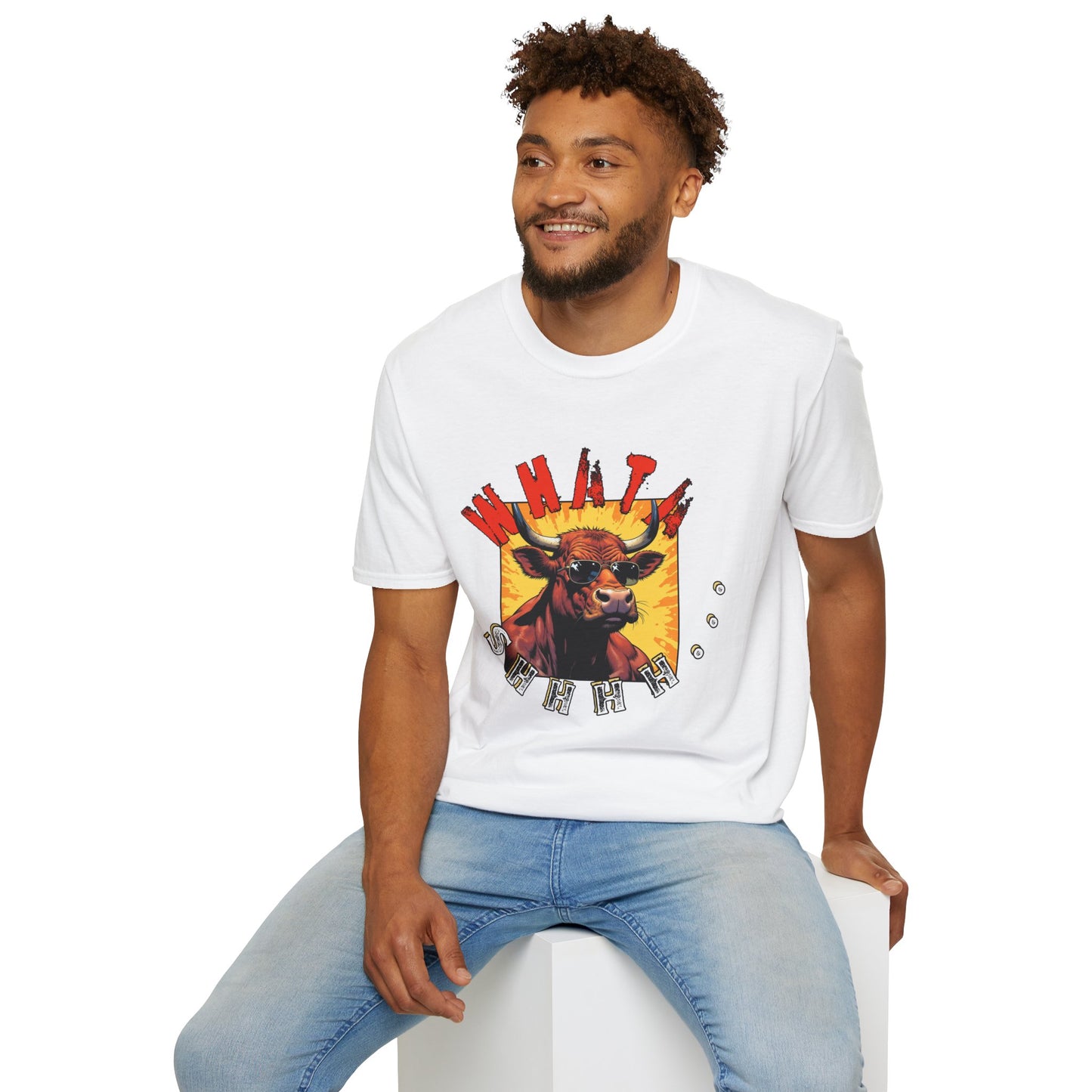 Whimsical Cow Graphic Unisex Softstyle T-Shirt - 'What bull Shhh...'