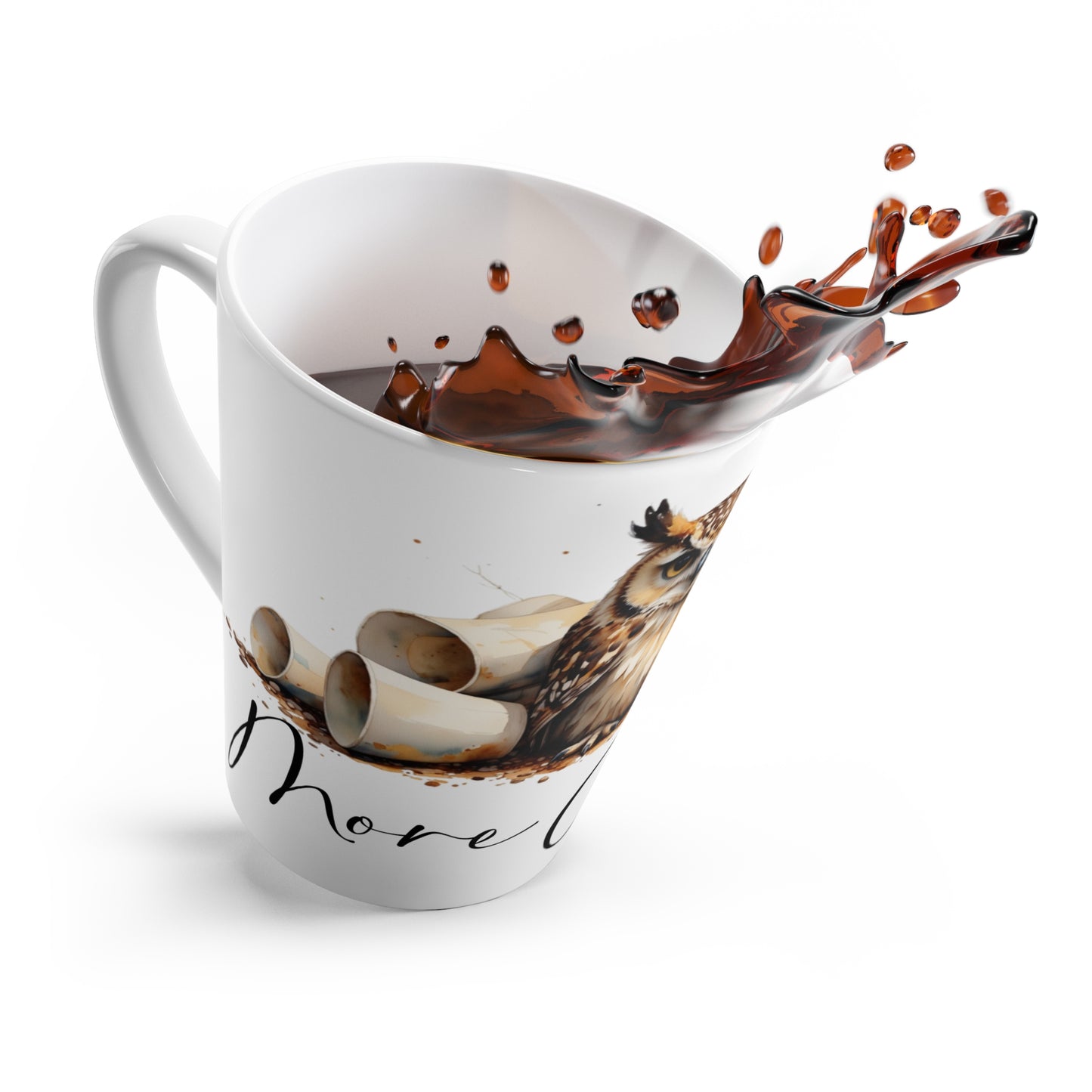 Latte Mug — 'More Coffee' Owl Illustration Ceramic Latte Cup