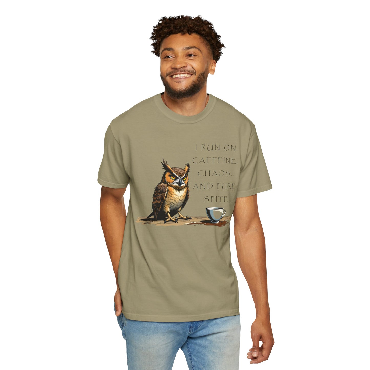 Owl & Coffee T‑Shirt — "I Run On Caffeine, Chaos, And Pure Spite" Graphic Tee