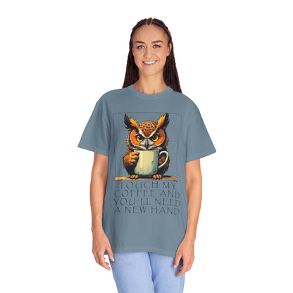 Coffee Owl T‑Shirt - "Touch My Coffee and You'll Need a New Hand" Graphic Tee
