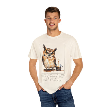 Owl Coffee Illustration T‑Shirt — 'Coffee First, Commit Later' Graphic Tee