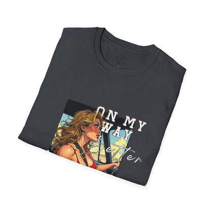 Vintage-Inspired Unisex Softstyle T-Shirt - 'On My Way to Better Life'woman driving,twisted