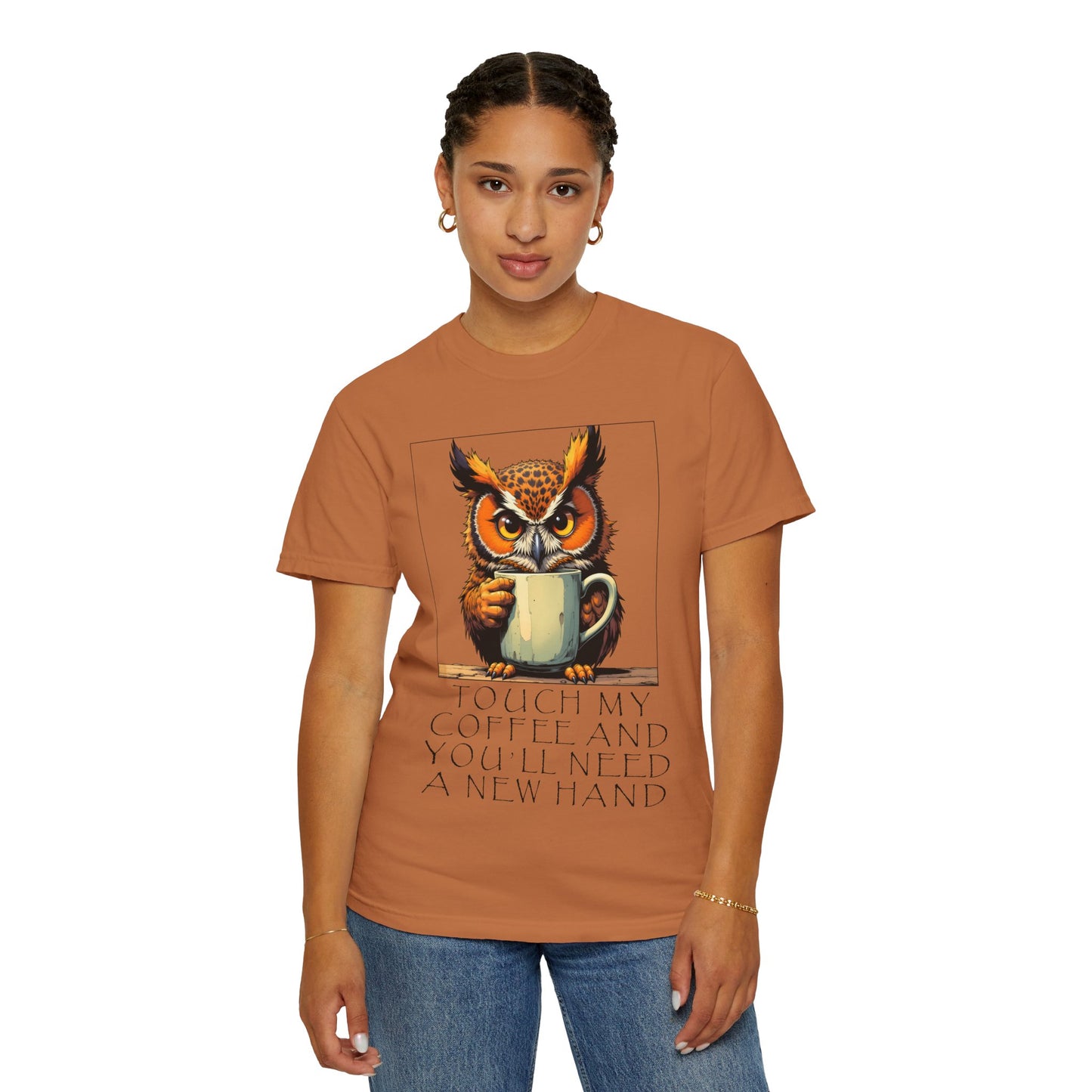 Coffee Owl T‑Shirt - "Touch My Coffee and You'll Need a New Hand" Graphic Tee