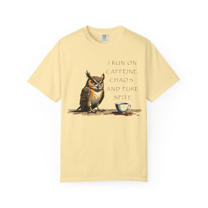 Owl & Coffee T‑Shirt — "I Run On Caffeine, Chaos, And Pure Spite" Graphic Tee