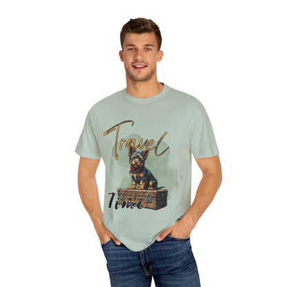 Travel Time Unisex Garment-Dyed T-Shirt with Dog Design