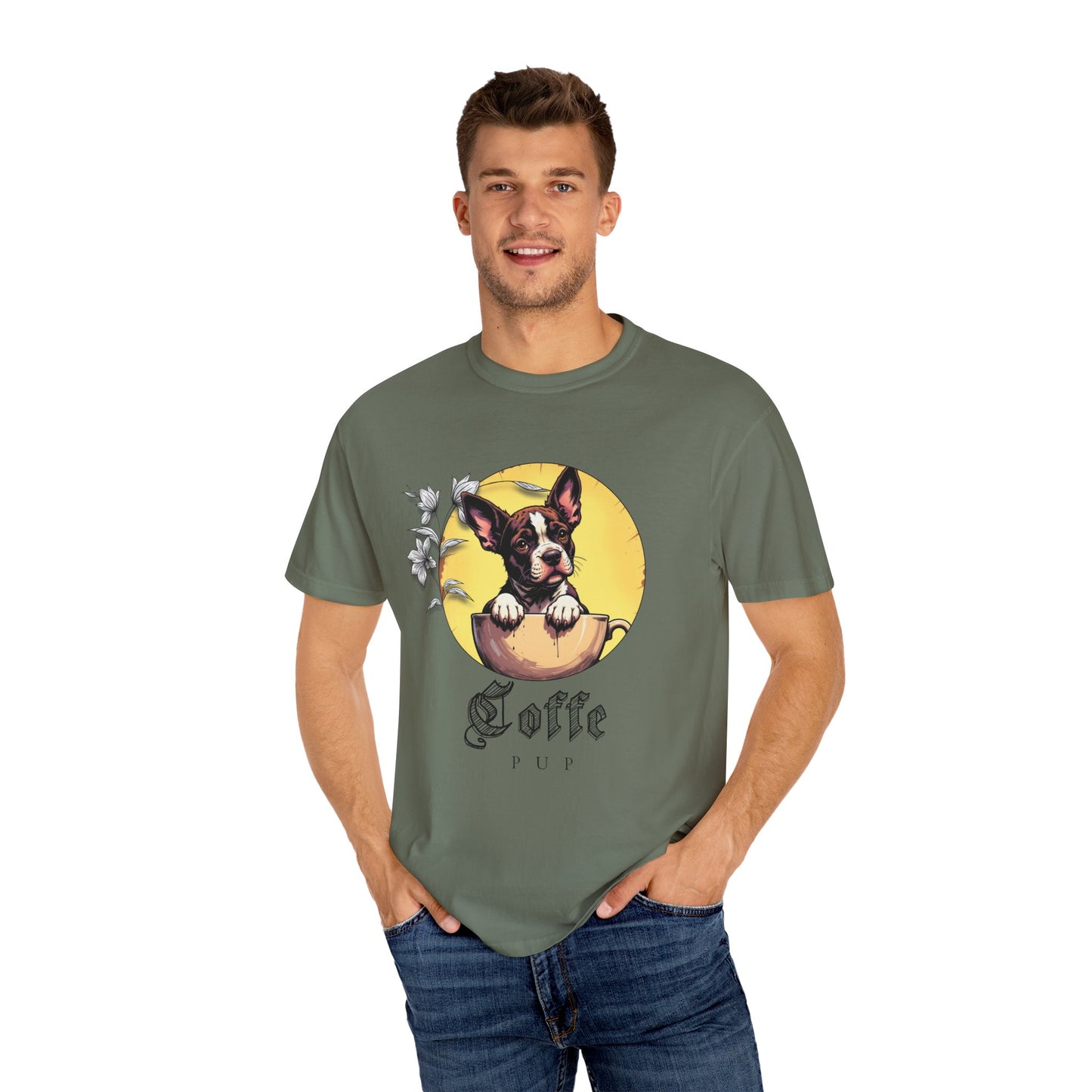 Coffee Pup Unisex Garment-Dyed T-shirt - Cute Dog Lovers Tee
