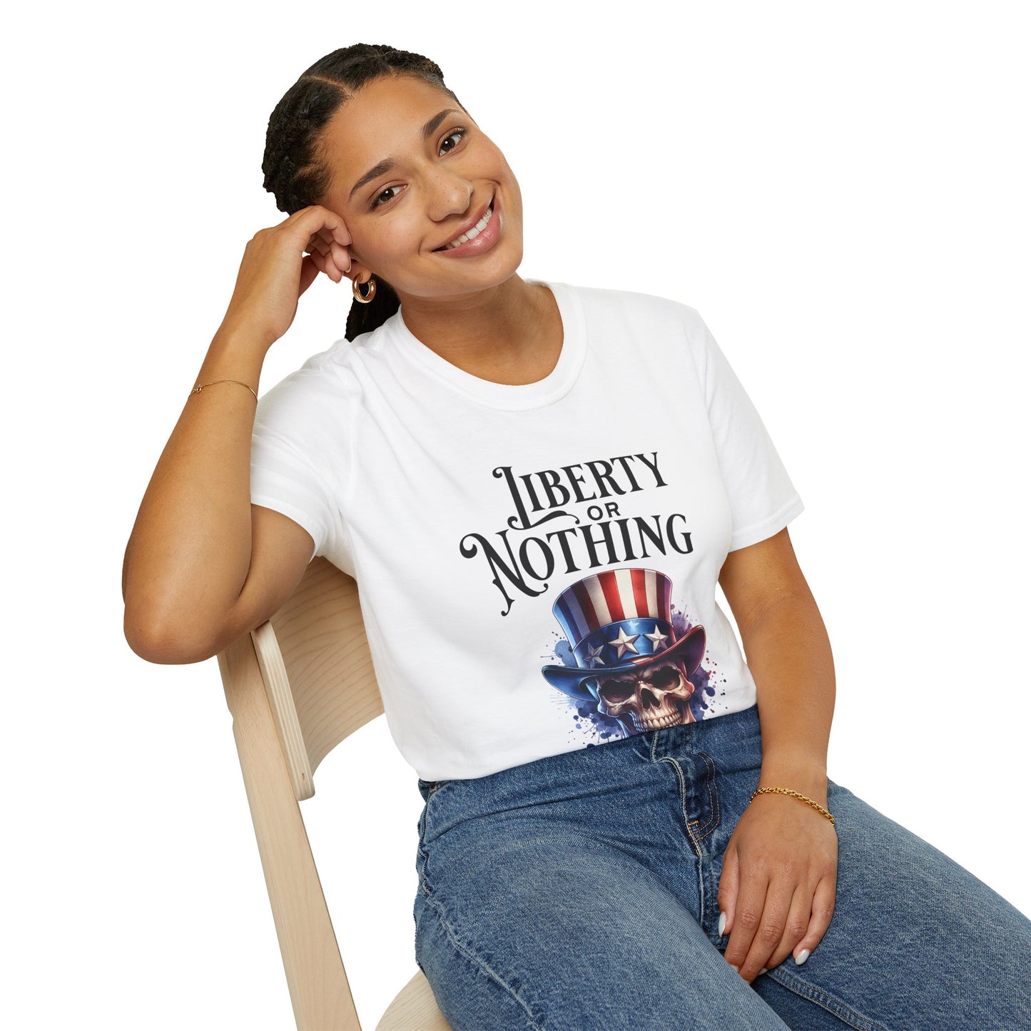 Liberty or Nothing Skull T-Shirt | Unisex Softstyle Tee for Independence Day & Patriotic Celebrations