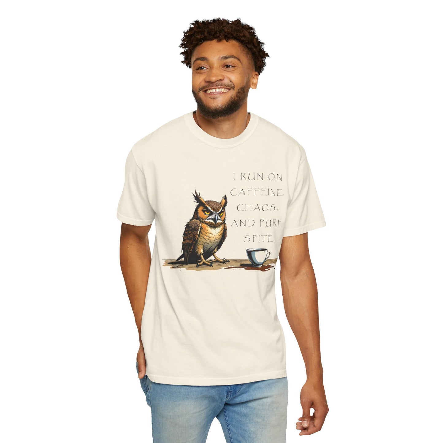 Owl & Coffee T‑Shirt — "I Run On Caffeine, Chaos, And Pure Spite" Graphic Tee