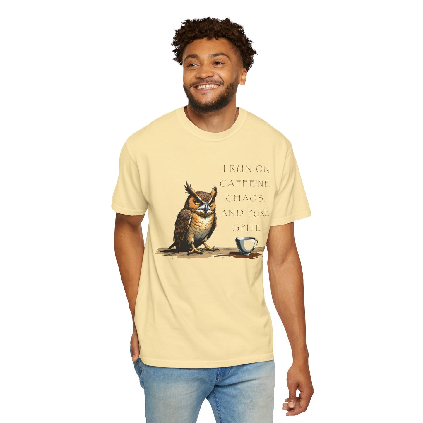 Owl & Coffee T‑Shirt — "I Run On Caffeine, Chaos, And Pure Spite" Graphic Tee
