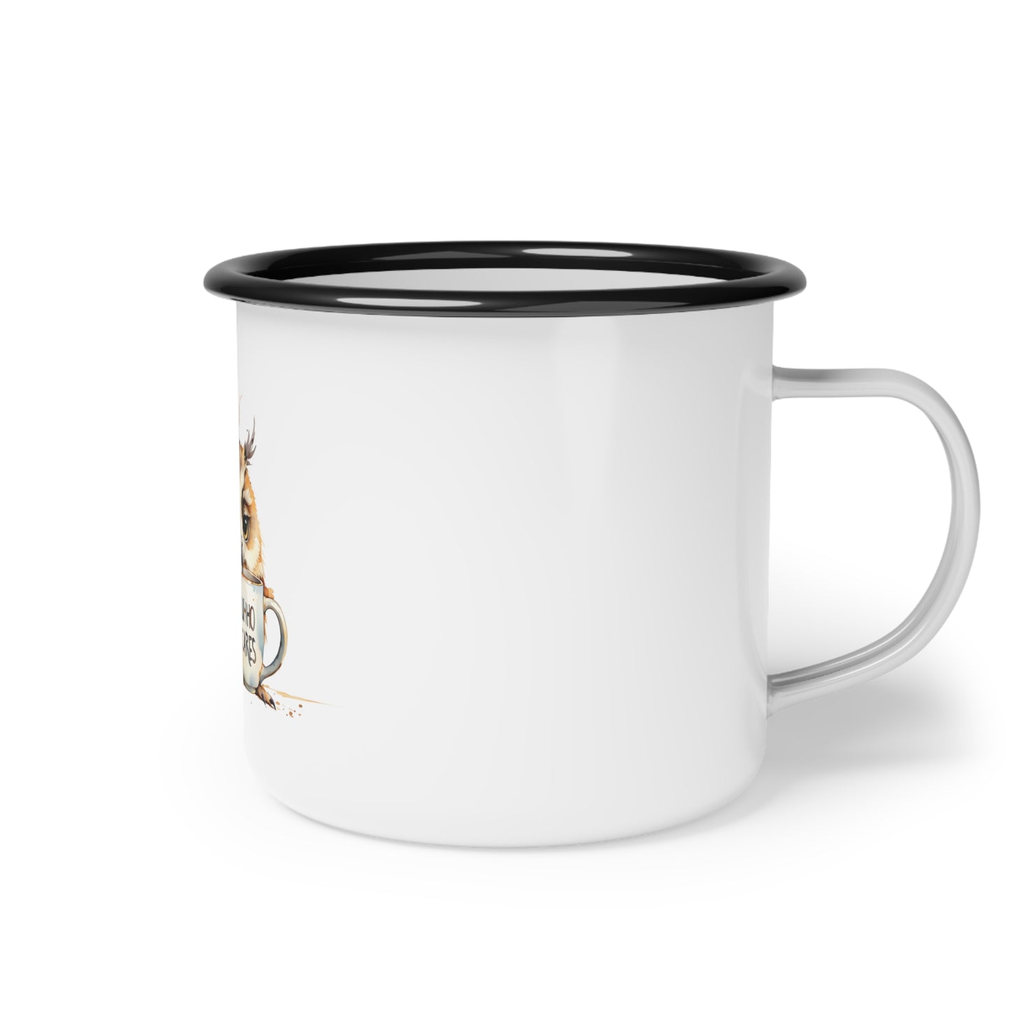 Grumpy Owl Holding Mug Enamel Camp Cup | Who Cares Coffee Illustration