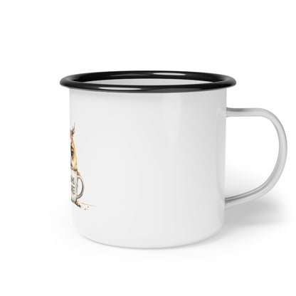 Grumpy Owl Holding Mug Enamel Camp Cup | Who Cares Coffee Illustration