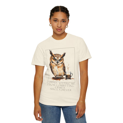Owl Coffee Illustration T‑Shirt — 'Coffee First, Commit Later' Graphic Tee