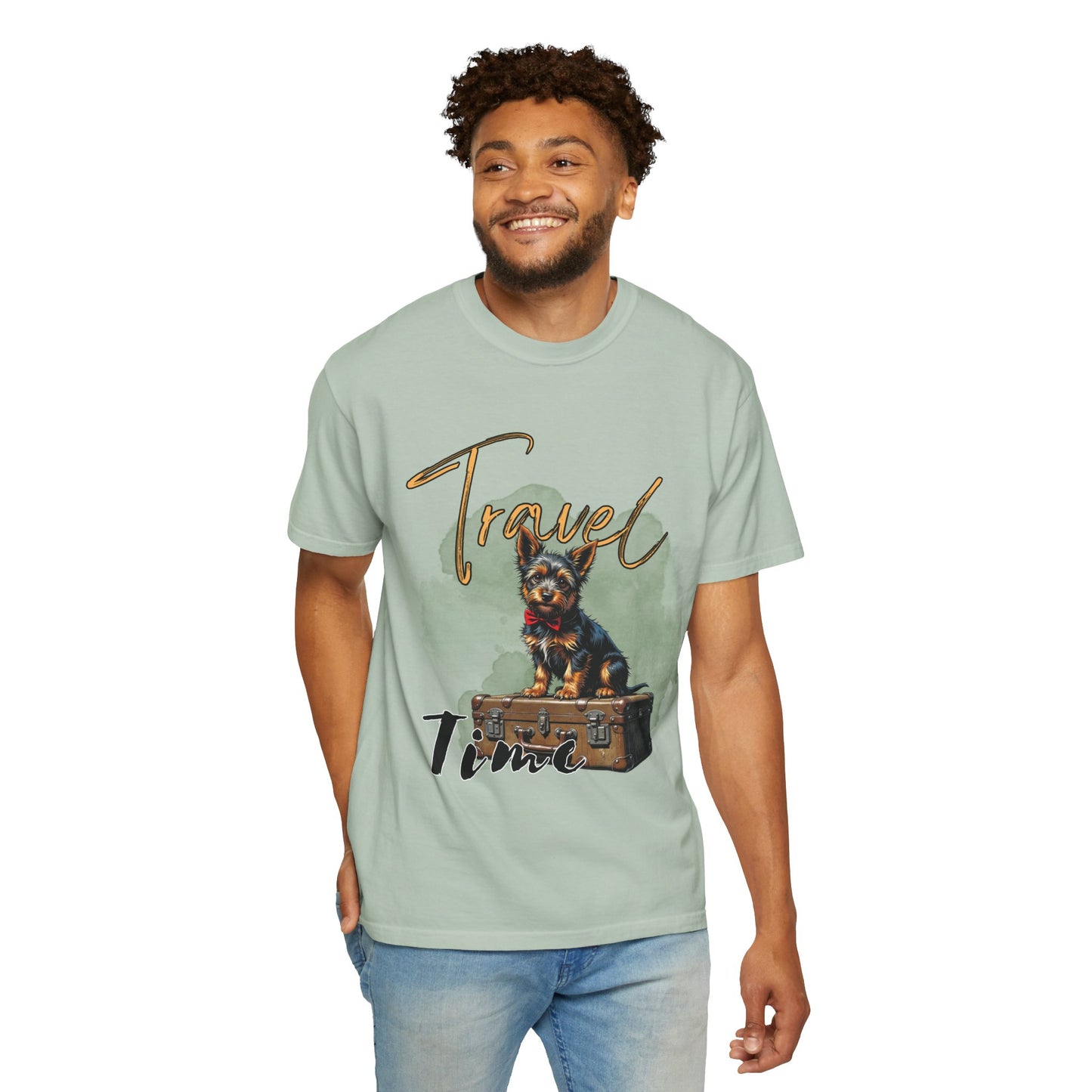 Travel Time Unisex Garment-Dyed T-Shirt with Dog Design