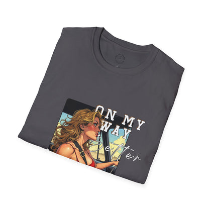 Vintage-Inspired Unisex Softstyle T-Shirt - 'On My Way to Better Life'woman driving,twisted