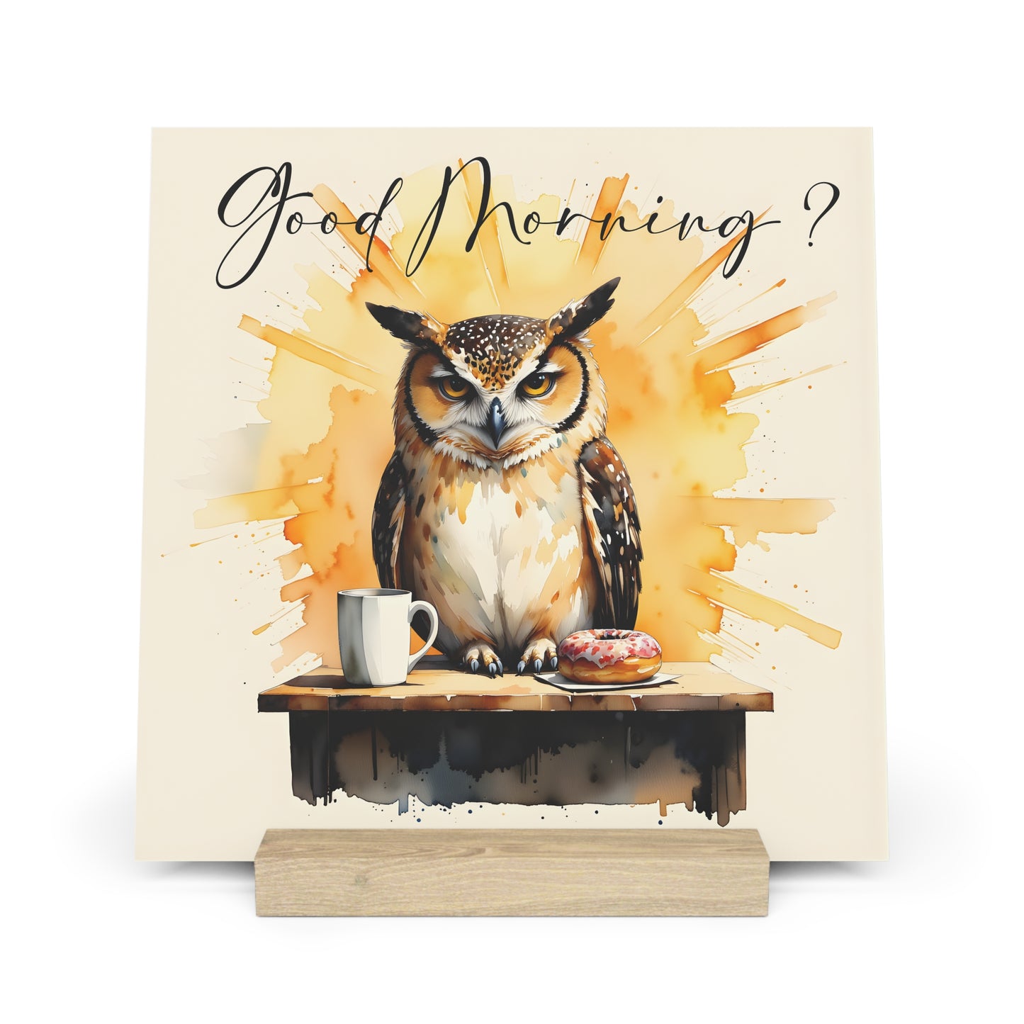 Good Morning? Owl Gallery Board with Stand — Whimsical Coffee & Donut Morning Decor