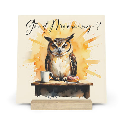 Good Morning? Owl Gallery Board with Stand — Whimsical Coffee & Donut Morning Decor