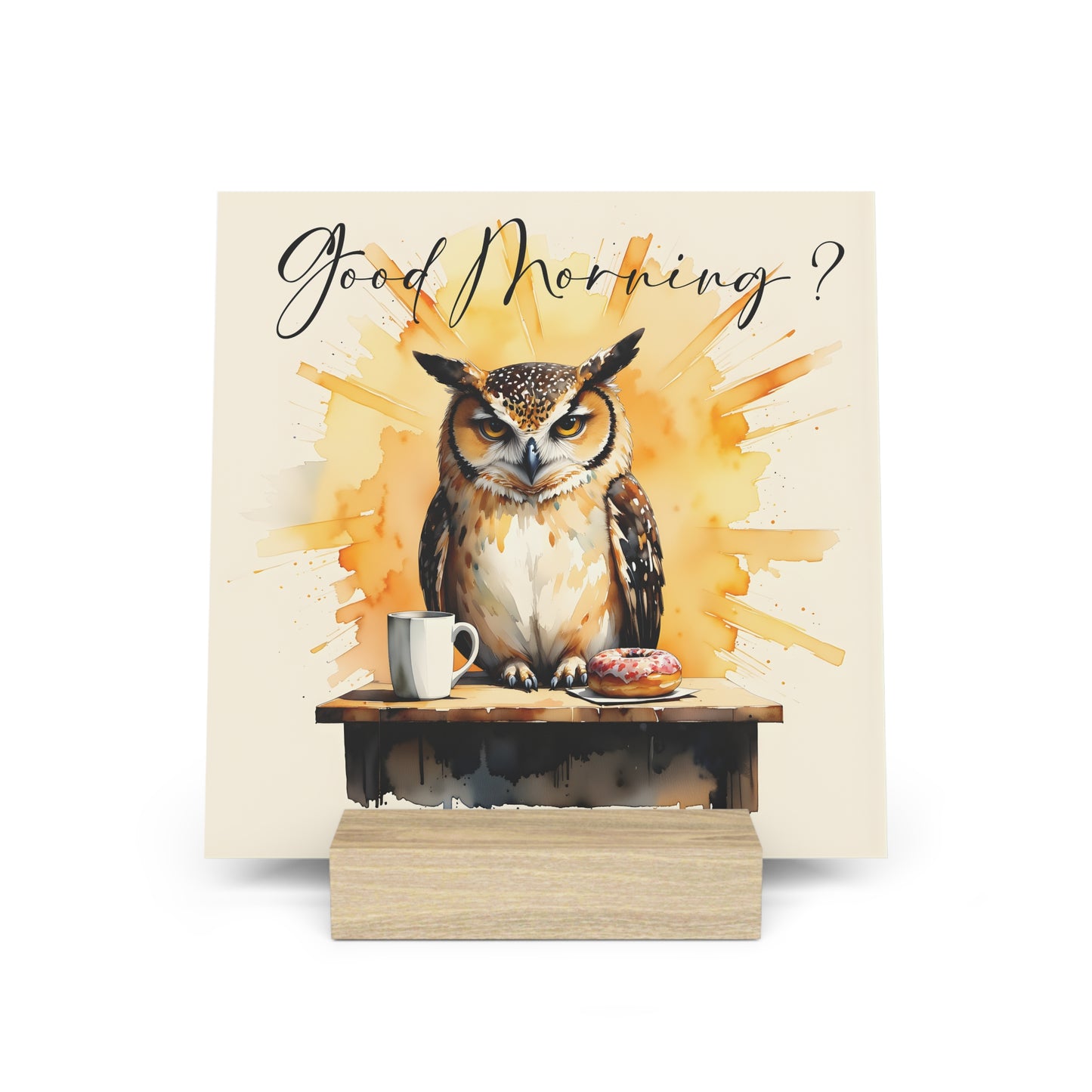 Good Morning? Owl Gallery Board with Stand — Whimsical Coffee & Donut Morning Decor