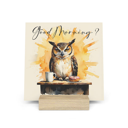 Good Morning? Owl Gallery Board with Stand — Whimsical Coffee & Donut Morning Decor