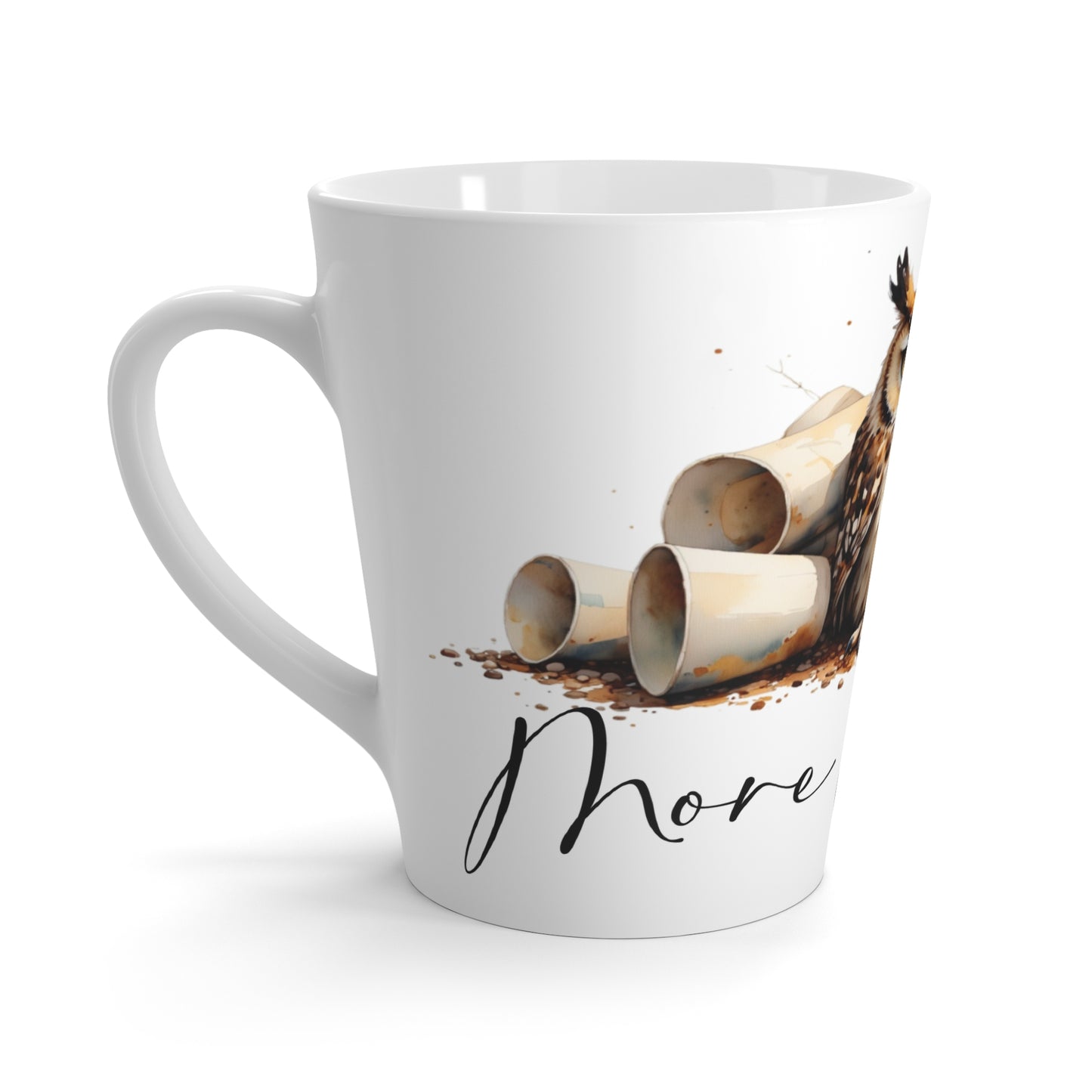 Latte Mug — 'More Coffee' Owl Illustration Ceramic Latte Cup