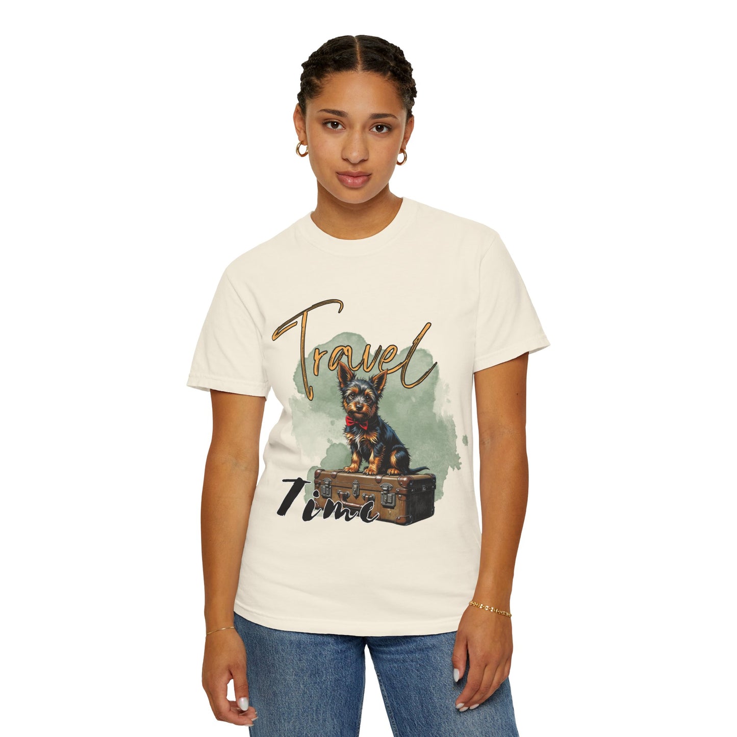 Travel Time Unisex Garment-Dyed T-Shirt with Dog Design