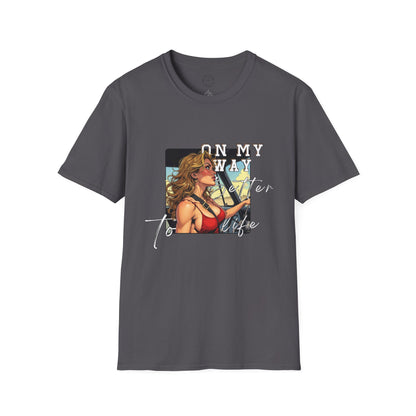 Vintage-Inspired Unisex Softstyle T-Shirt - 'On My Way to Better Life'woman driving,twisted
