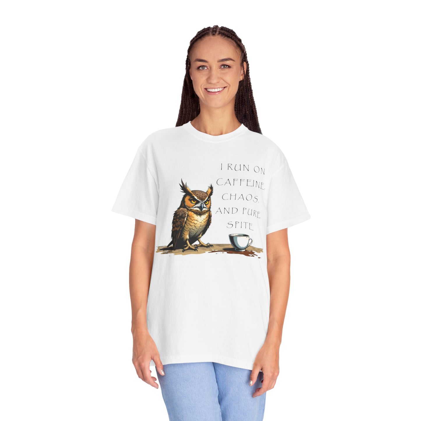 Owl & Coffee T‑Shirt — "I Run On Caffeine, Chaos, And Pure Spite" Graphic Tee
