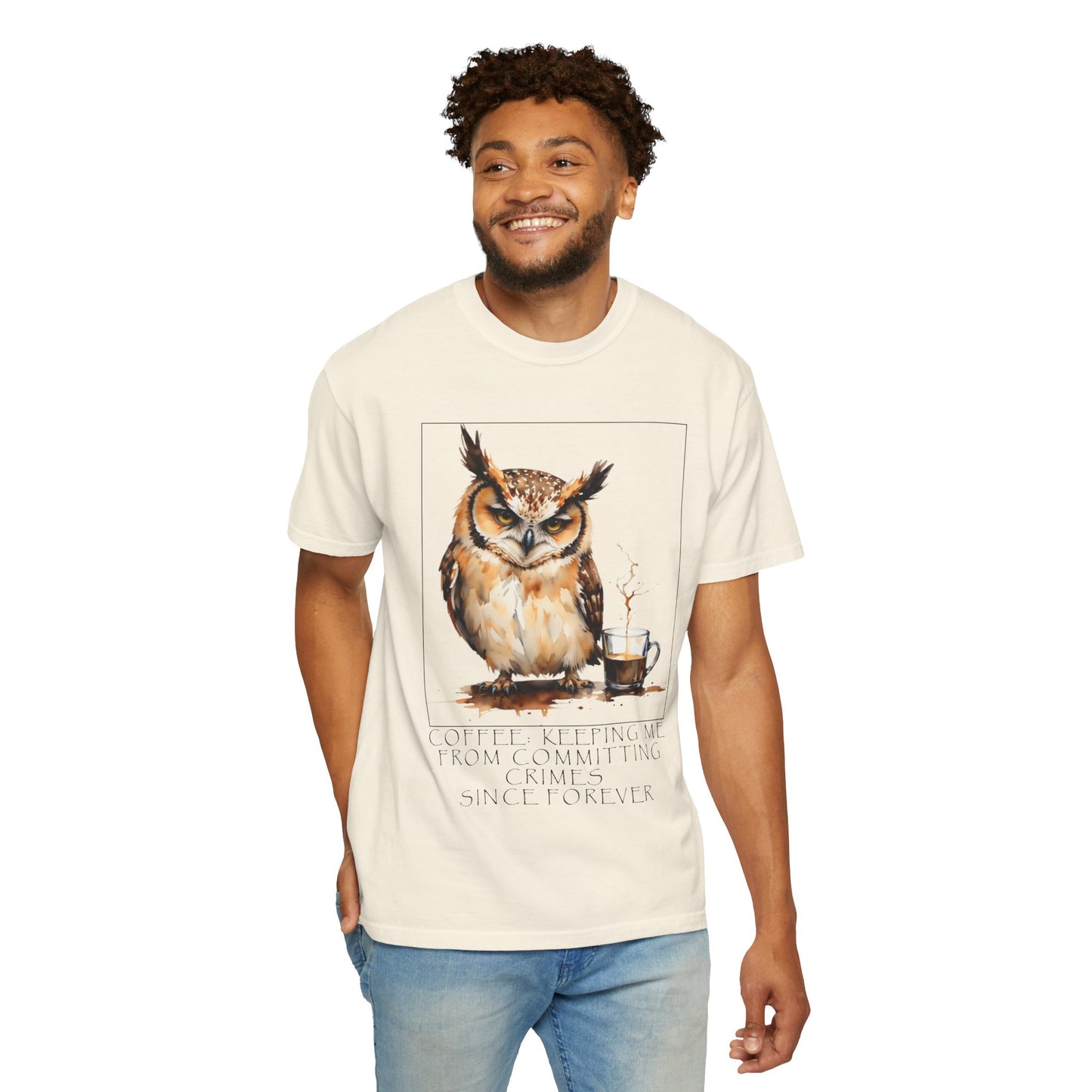 Owl Coffee Illustration T‑Shirt — 'Coffee First, Commit Later' Graphic Tee