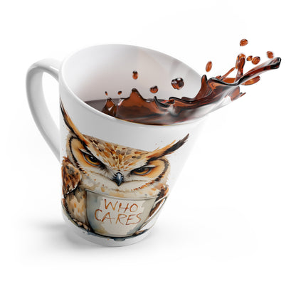 Grumpy Owl Holding 'Who Cares' Latte Mug | Ceramic Coffee Cup