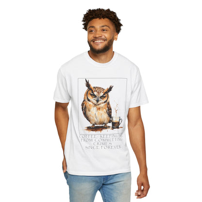 Owl Coffee Illustration T‑Shirt — 'Coffee First, Commit Later' Graphic Tee