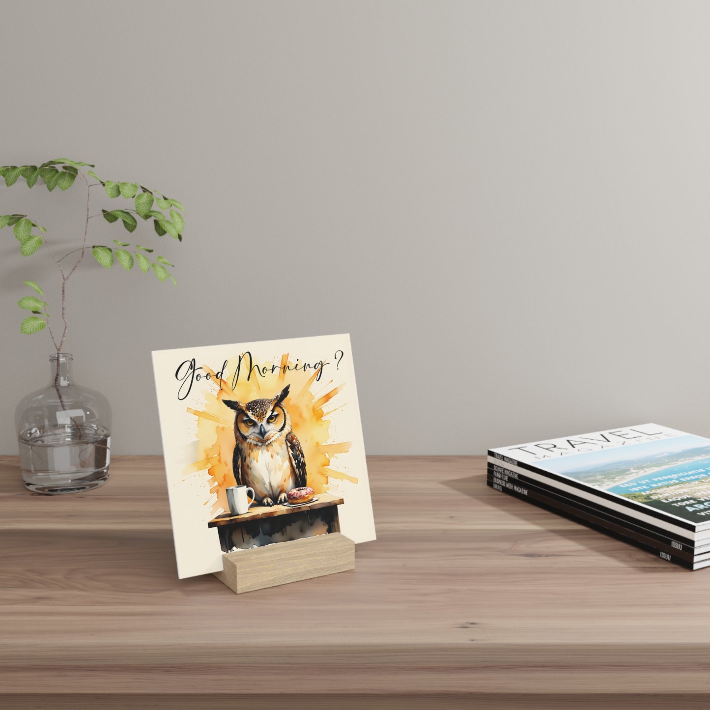 Good Morning? Owl Gallery Board with Stand — Whimsical Coffee & Donut Morning Decor