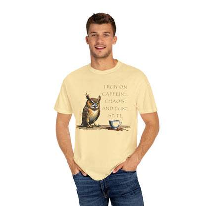 Owl & Coffee T‑Shirt — "I Run On Caffeine, Chaos, And Pure Spite" Graphic Tee