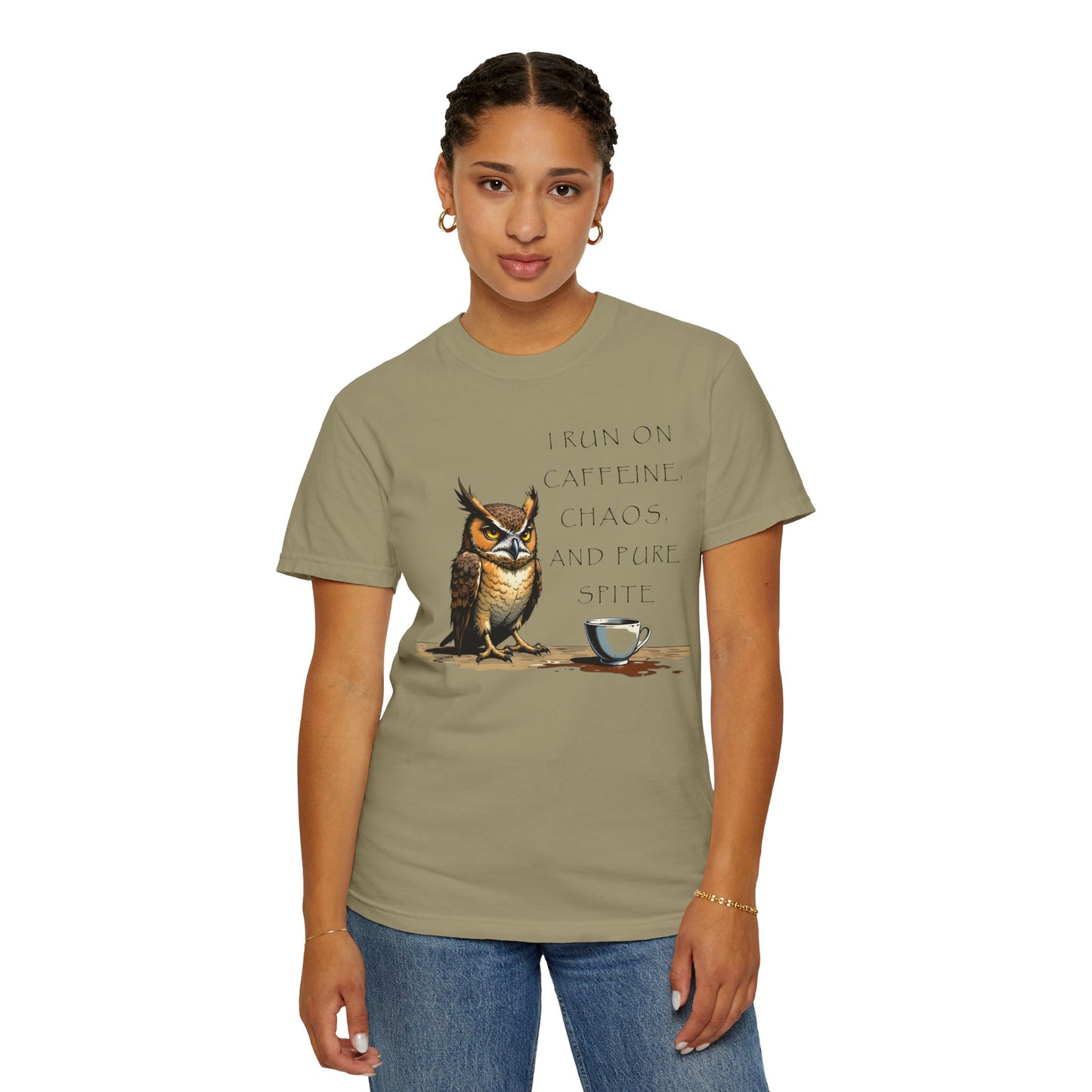 Owl & Coffee T‑Shirt — "I Run On Caffeine, Chaos, And Pure Spite" Graphic Tee