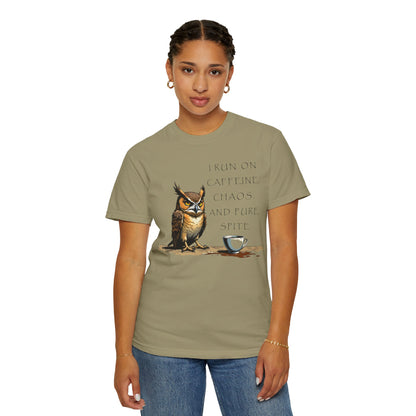 Owl & Coffee T‑Shirt — "I Run On Caffeine, Chaos, And Pure Spite" Graphic Tee