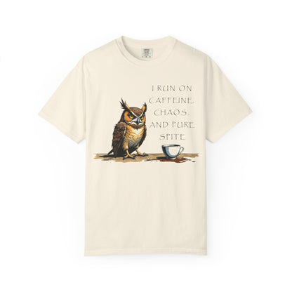 Owl & Coffee T‑Shirt — "I Run On Caffeine, Chaos, And Pure Spite" Graphic Tee