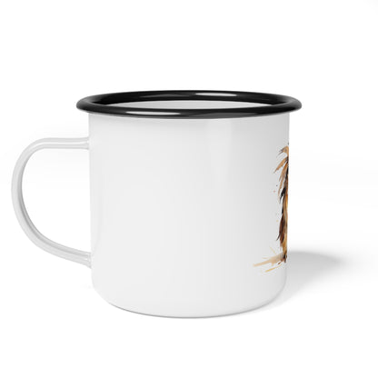 Grumpy Owl Holding Mug Enamel Camp Cup | Who Cares Coffee Illustration