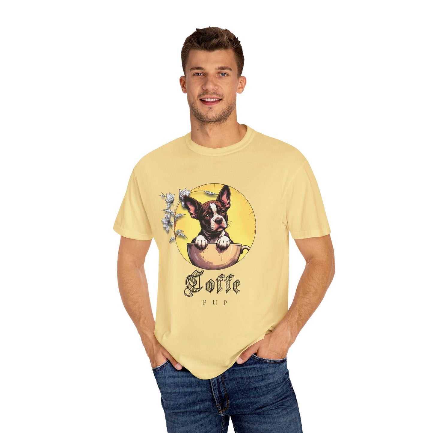 Coffee Pup Unisex Garment-Dyed T-shirt - Cute Dog Lovers Tee