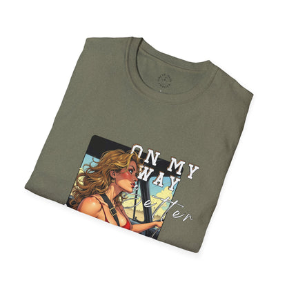 Vintage-Inspired Unisex Softstyle T-Shirt - 'On My Way to Better Life'woman driving,twisted