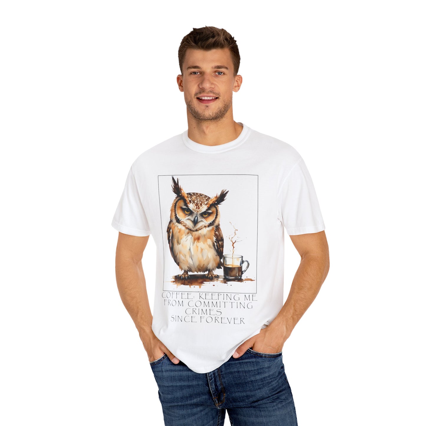 Owl Coffee Illustration T‑Shirt — 'Coffee First, Commit Later' Graphic Tee