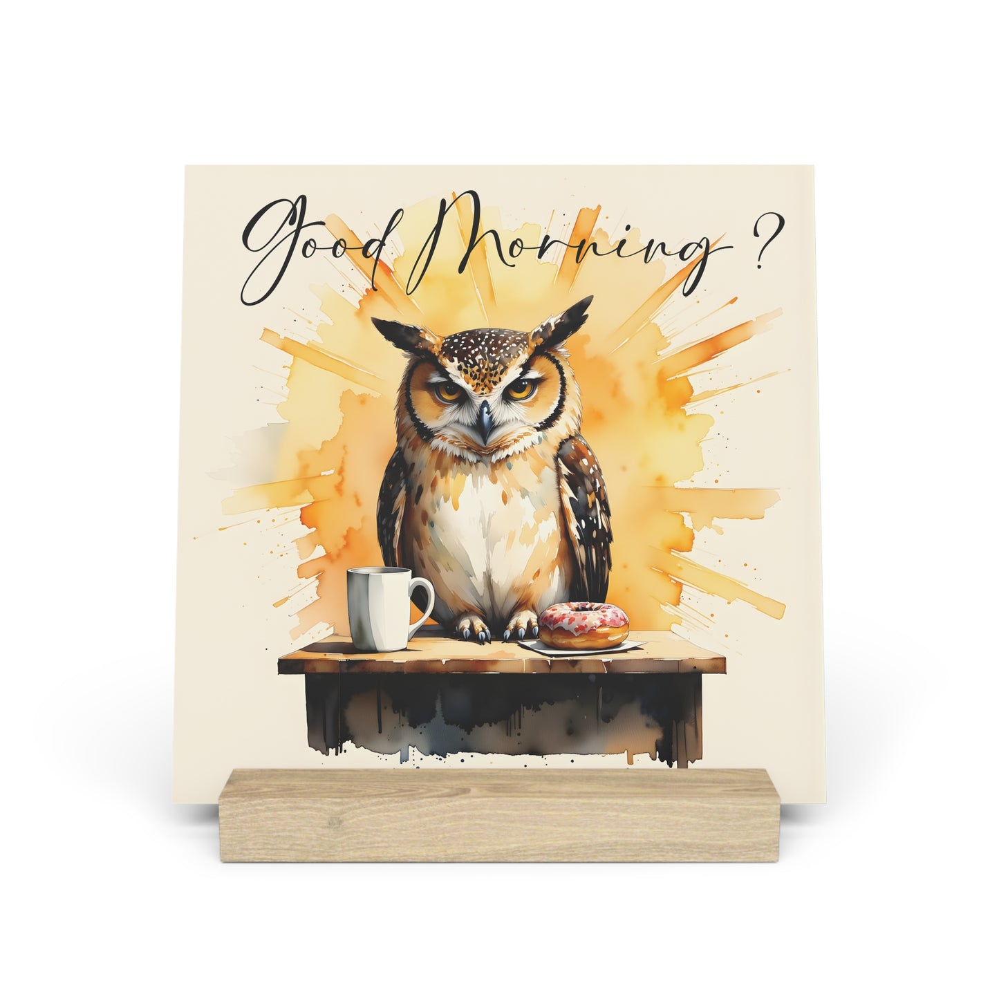 Good Morning? Owl Gallery Board with Stand — Whimsical Coffee & Donut Morning Decor