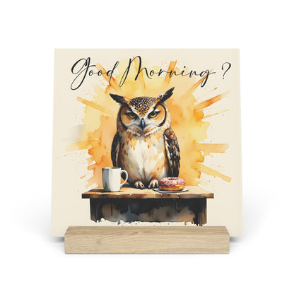 Good Morning? Owl Gallery Board with Stand — Whimsical Coffee & Donut Morning Decor