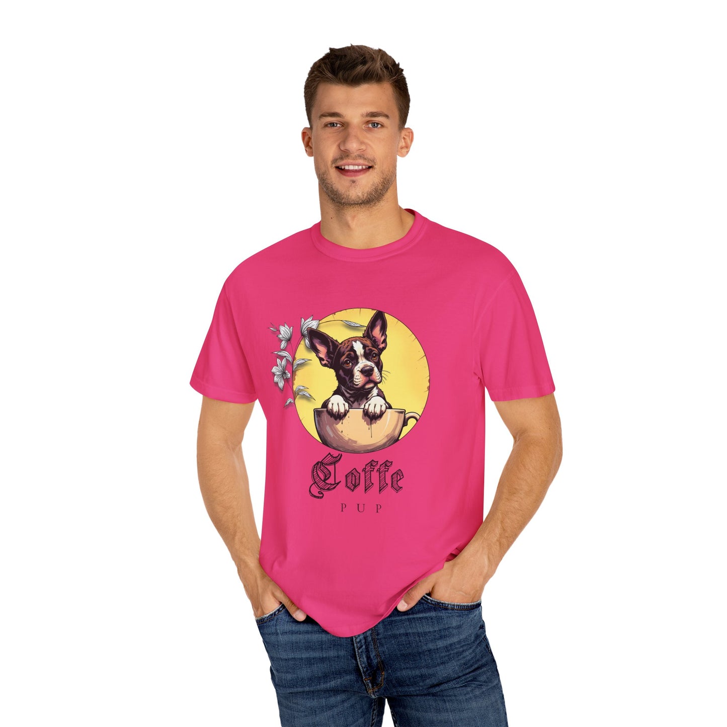 Coffee Pup Unisex Garment-Dyed T-shirt - Cute Dog Lovers Tee
