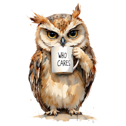 Latte Mug — Grumpy Owl Holding “Who Cares” Coffee Cup